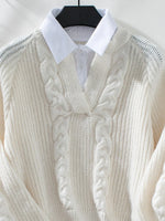 Cable-Knit Collared Neck Faux Layered Sweater