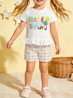 Children's Cartoon Graphic Ruffle Trim Tee & Plaid Shorts Set