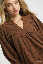 Umgee Corduroy Bow Print Balloon Sleeve Blouse