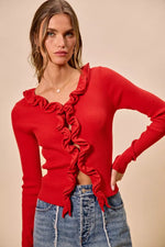 SO ME Cascade Ruffle Ribbed Sweater Cardgian