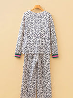V Neck Leopard Long Sleeve Top Striped Webbing Patchwork Drawstring Pant Set