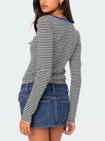 Buttoned Striped Long Sleeve T-Shirt