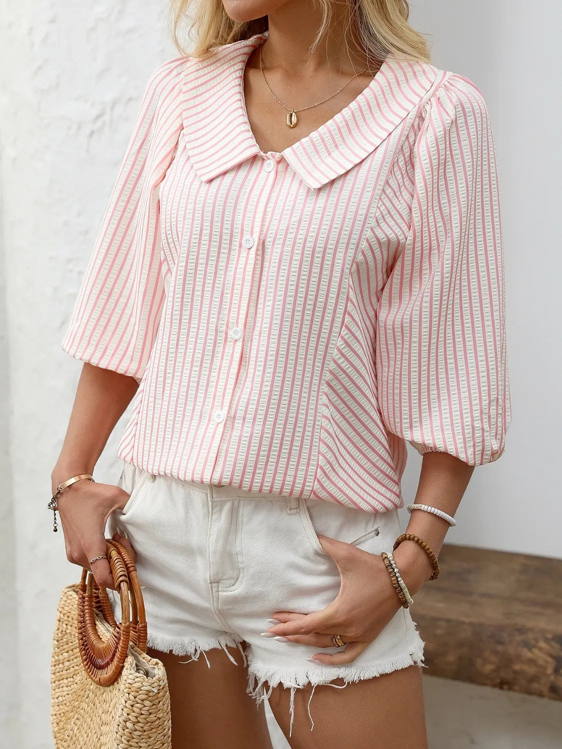 Striped Button Down 3/4 Sleeve Shirt