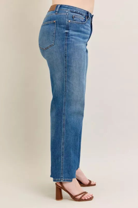 Judy Blue Full Size High Waist Tummy Control Chew Hem Destroy Wide Jeans Plus Size