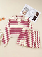 tripe Cropped Collared Drop Shoulder Pullover and Bubble Mini Skirt Set