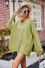 Slit V-Neck Dropped Shoulder Sweater