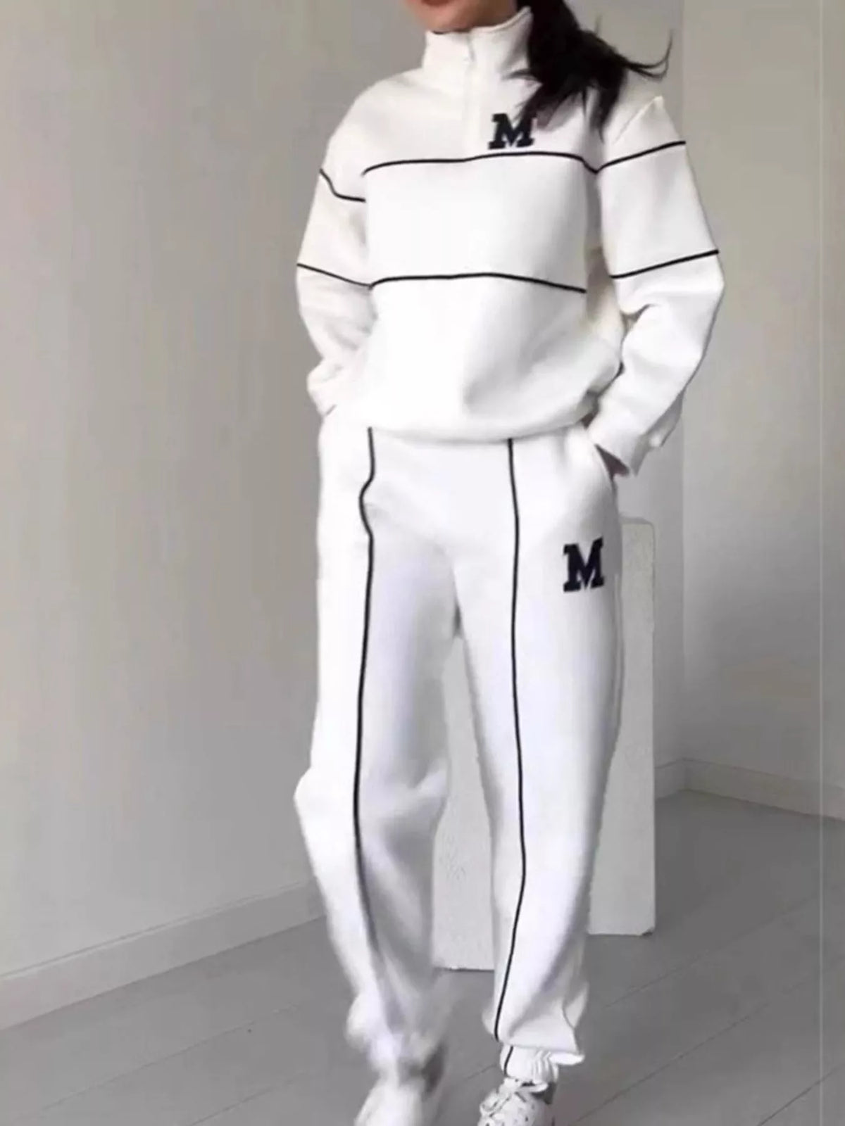 Full Size Striped Quarter Zip Top and Pants Set Plus Size
