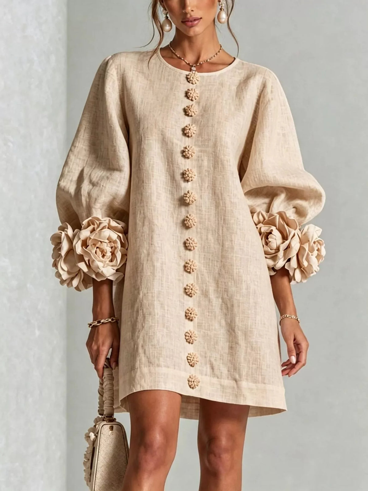 3D Floral 3/4 Sleeve Mini Dress