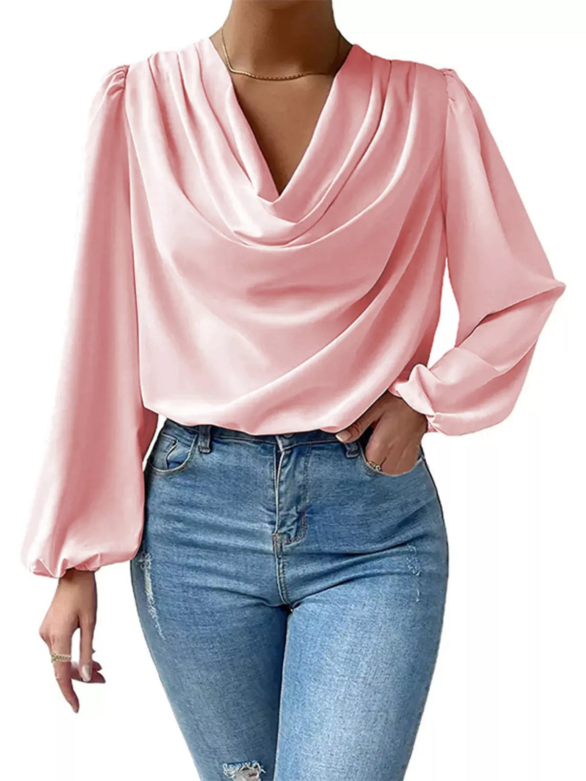Full Size Cowl Neck Balloon Sleeve Blouse Plus Size