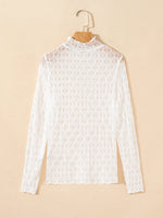 Sheer Mesh Patterned Lettuce Trim Slim Long Sleeve Top