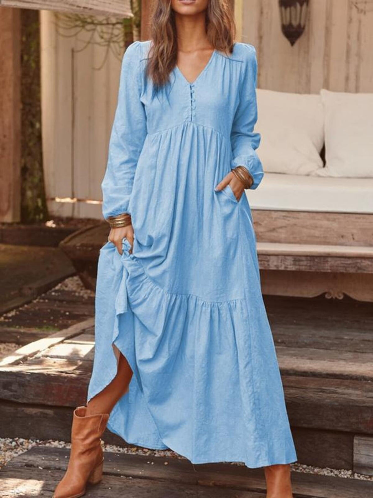 Full Size V-Neck Long Sleeve Tiered Maxi Dress Plus Size