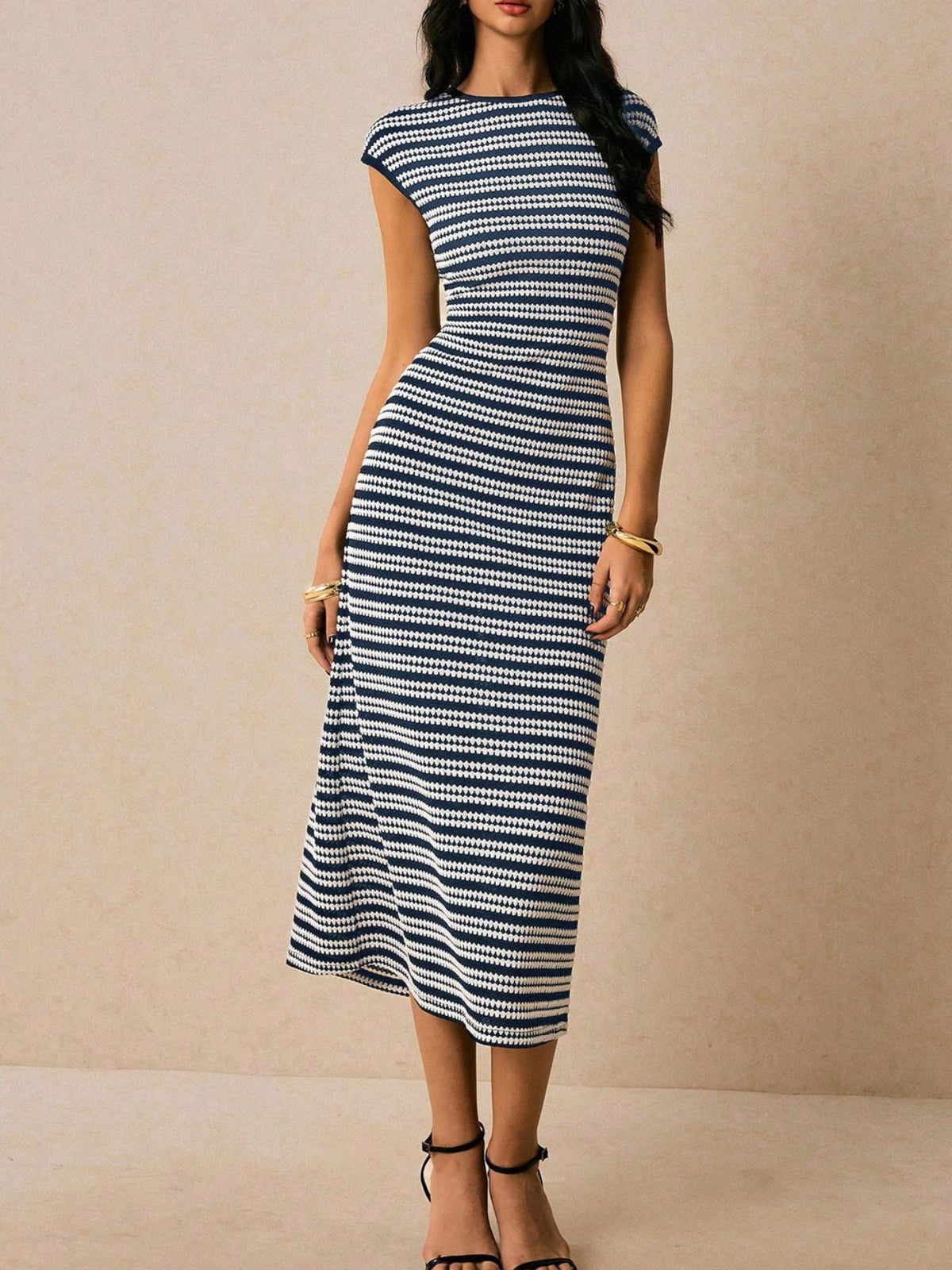 Striped Cap Sleeve Bodycon Midi Dress