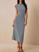 Striped Cap Sleeve Bodycon Midi Dress