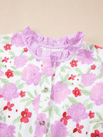 Floral Print Striped Trim Frilled Neck 3/4 Sleeve Flared Mini Dress