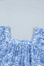 Square Neck Short Puff Sleeve Pleated Floral Blouse