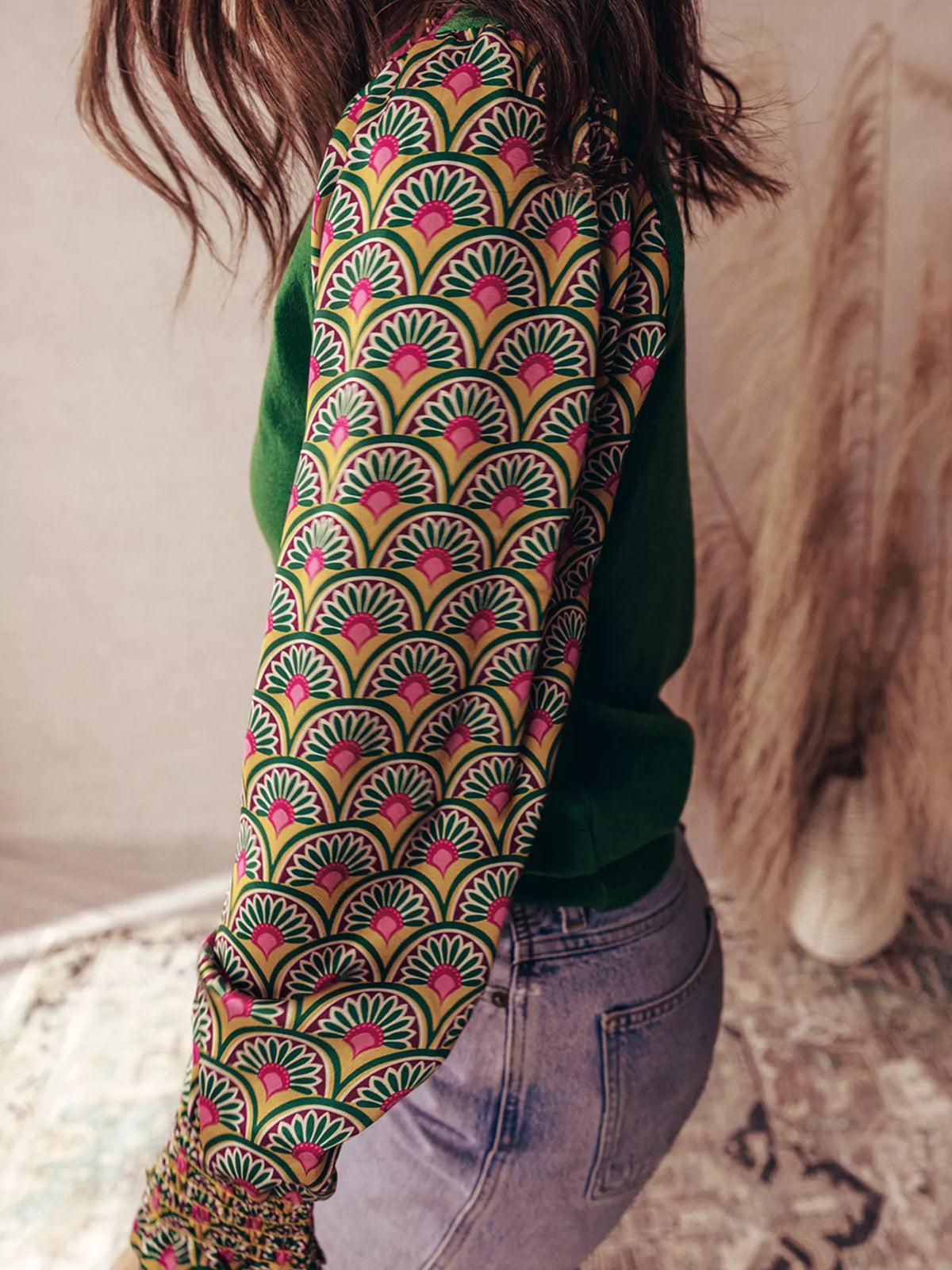 Floral Patchwork Shirred Cuff Puff Sleeve Knit Top