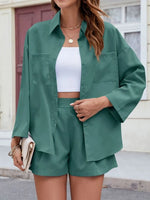 Button Up Long Sleeve Top and Shorts Set