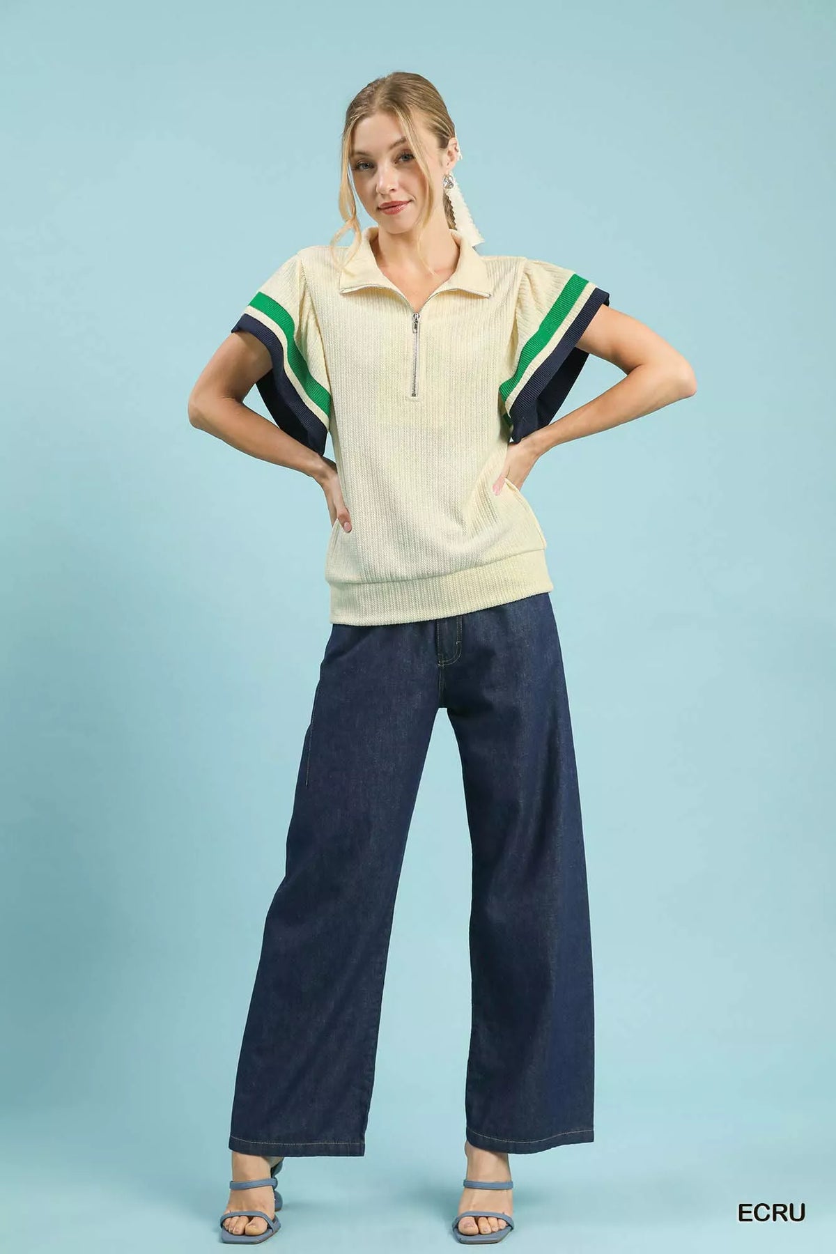 Umgee Textured Half Zip Top with Striped Flutter Sleeves