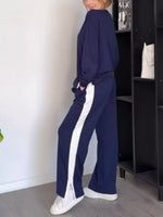 Full Size Contrast Round Neck Top and Pants Set Plus Size