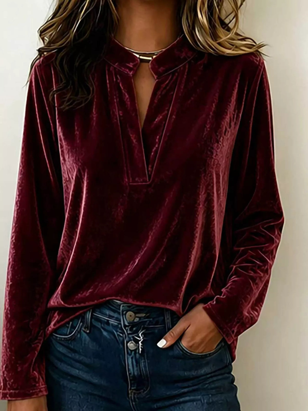 Full Size Velvet Notched Long Sleeve Top Plus Size