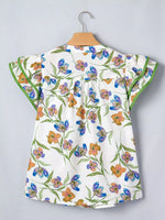 Floral Print Ruffle V-Neck Pressed Pleats Binding Tape Cotton Blouse