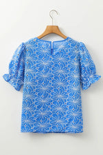 Eyelet Flower Embroidery Flounce Sleeve Blouse