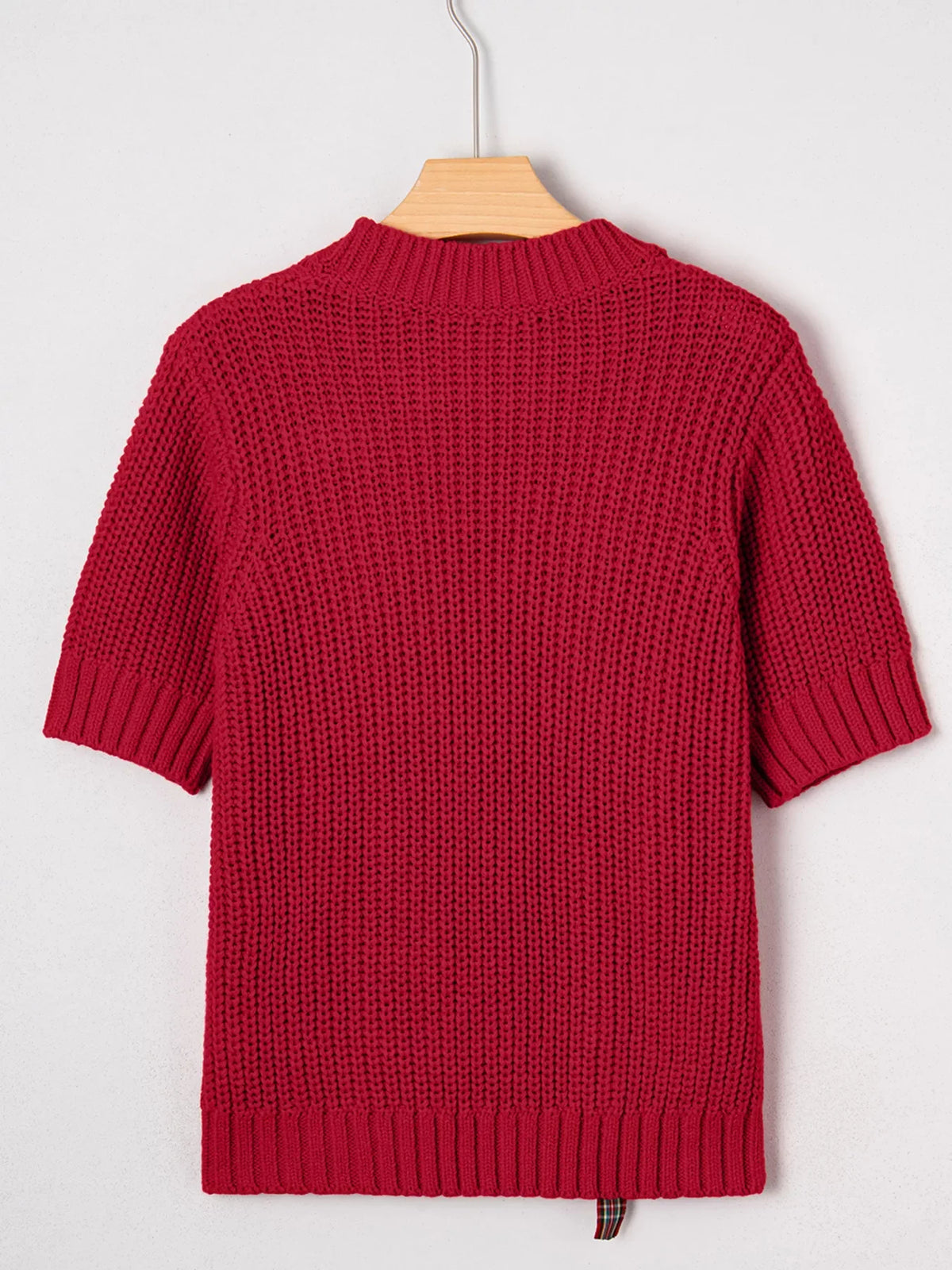 Plaid Lace Up Detail Christmas Holiday Puff Short Sleeve Sweater