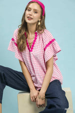 Umgee Gingham Lace Trim Top
