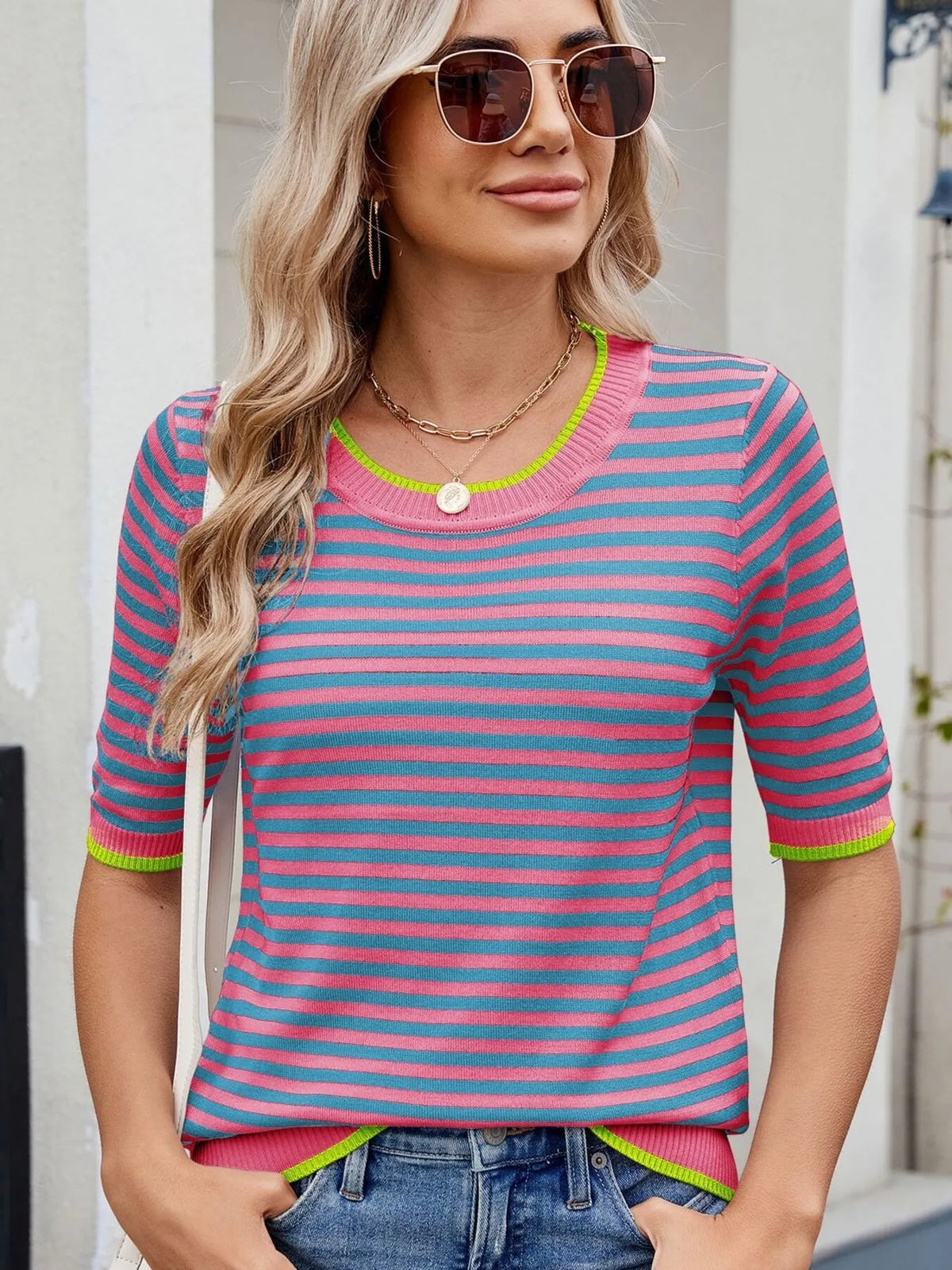 Striped Casual T-Shirt with Contrast Trim