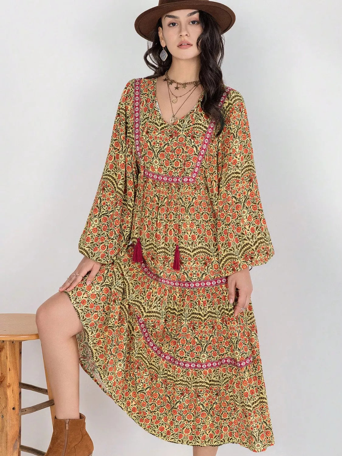 Floral Tiered Midi Dress with Balloon Sleeves