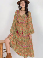 Floral Tiered Midi Dress with Balloon Sleeves