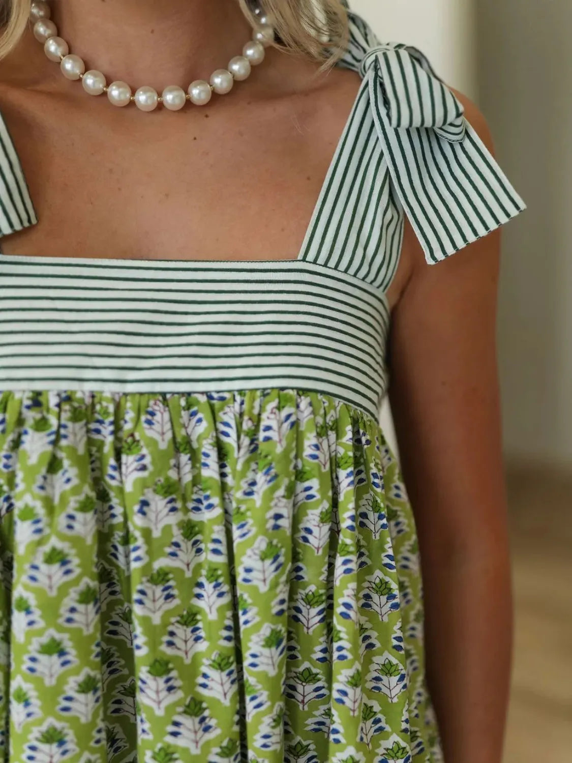 Printed Square Neck Tie Shoulder Mini Dress