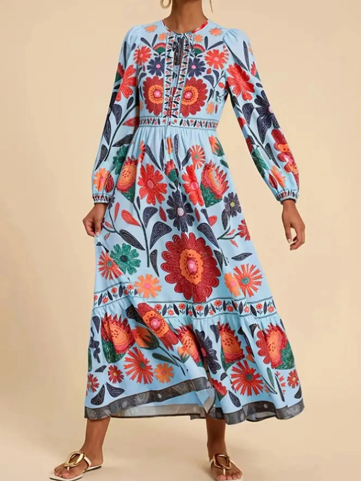 Floral Tie Waist Long Sleeve Dress