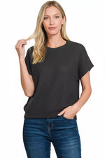 Zenana Round Neck Banded Botton Short Sleeve Sweater