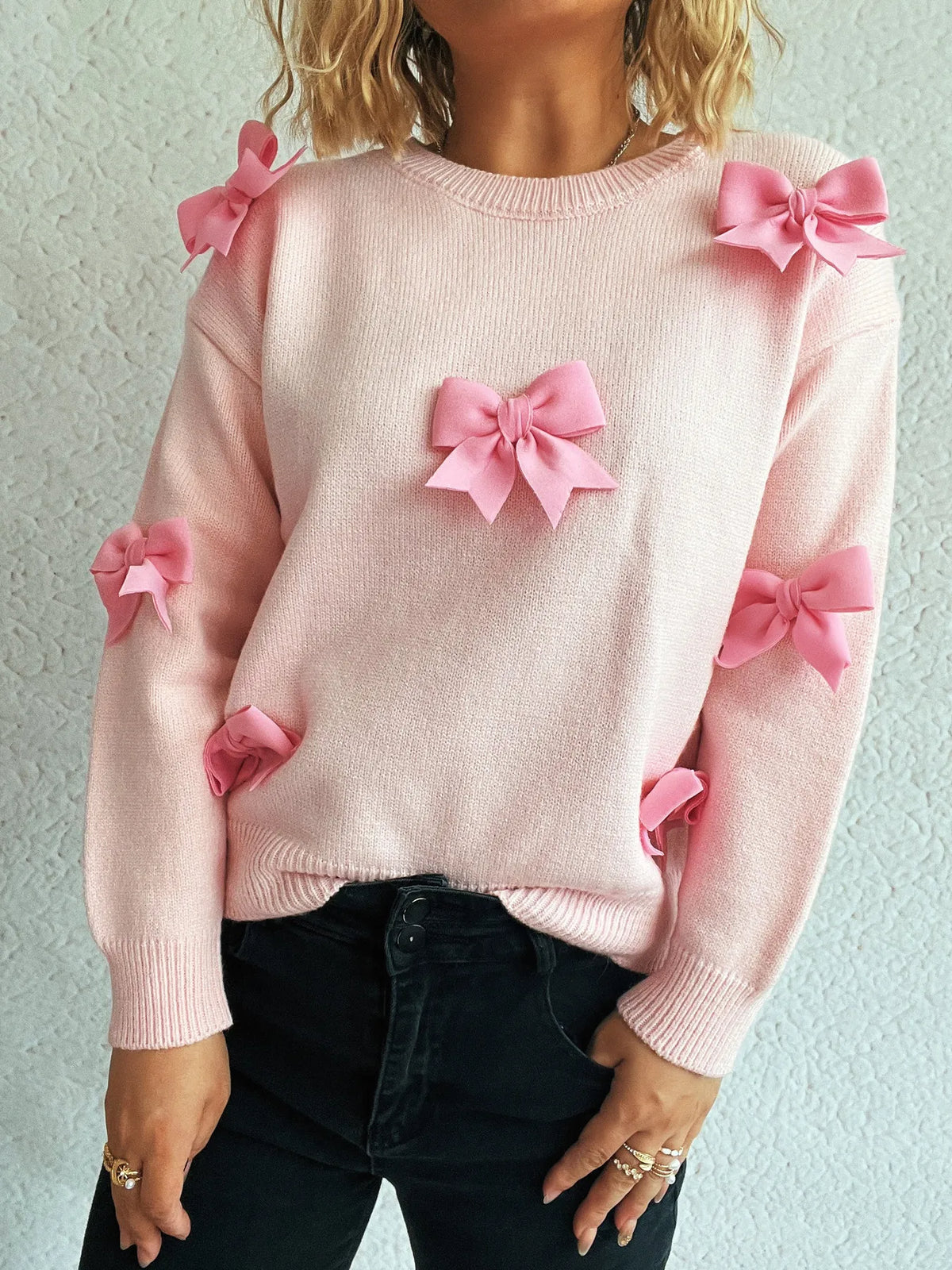 Bow Round Neck Long Sleeve Sweater