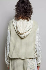 POL Mixed Knit Contrast Print Sleeve Hoodie with Kangaroo Pocket