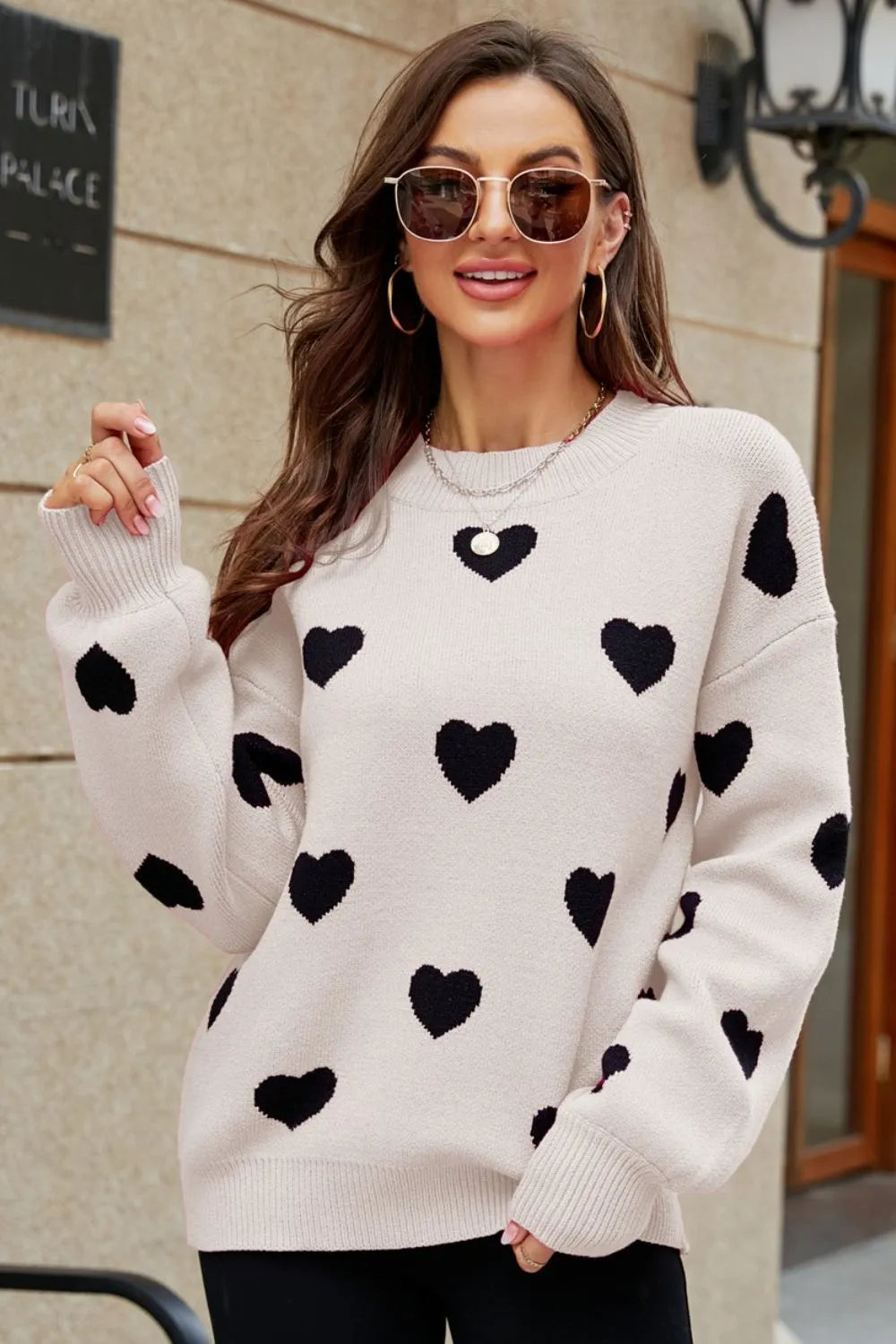 Heart Pattern Lantern Sleeve Round Neck Tunic Sweater
