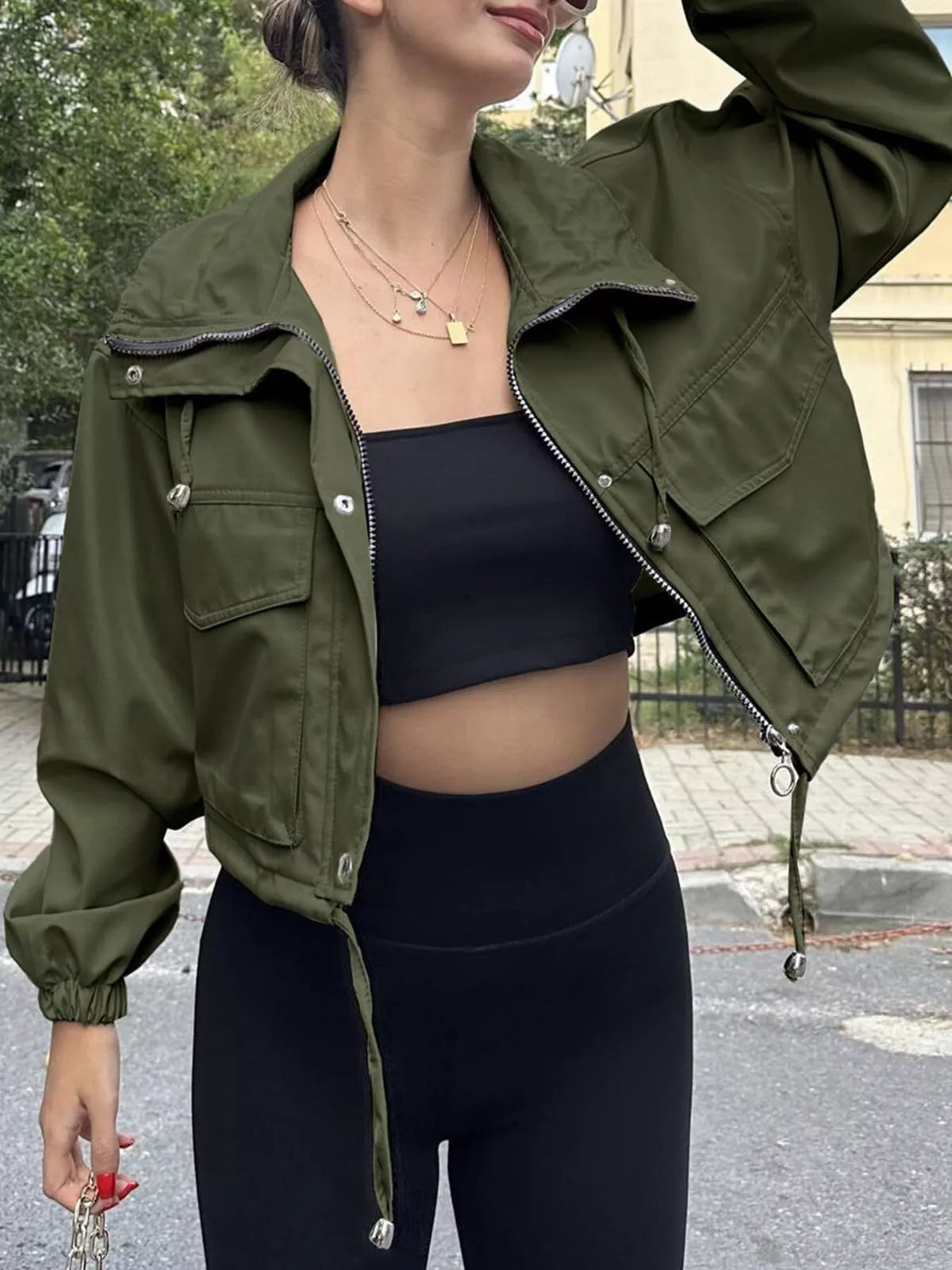 Drawstring Hem Zip Up Jacket