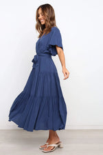 Front Tie Short Sleeve Tiered Midi Dress
