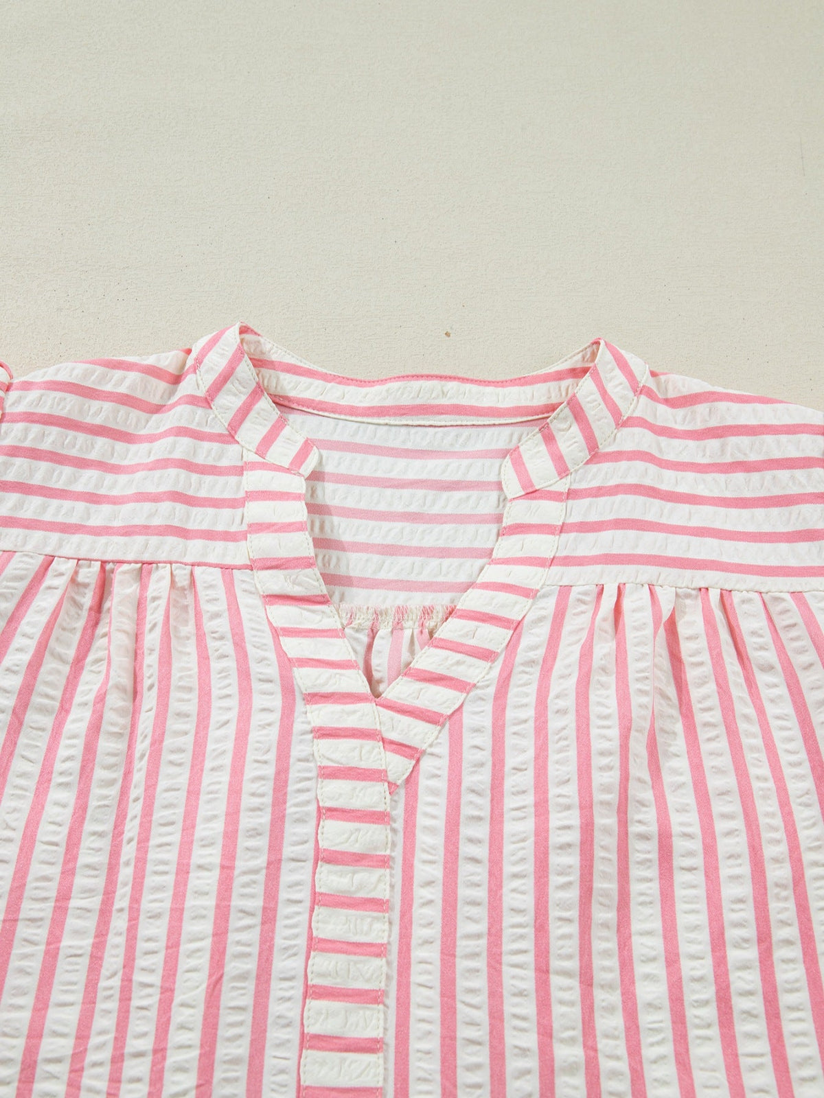 Stripe Print Floral Embroidered Puff Sleeve V Neck Blouse