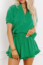 Frill Zip Front Puff Sleeve Top and Skort Set