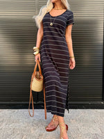 Slit Casual Striped Midi T-Shirt Dress