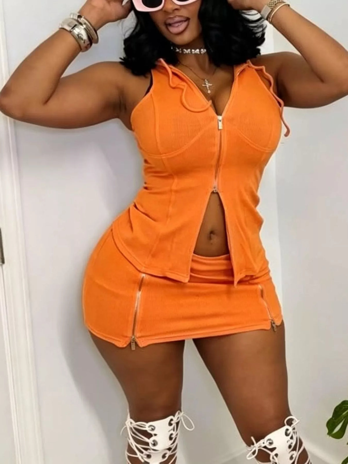 Hooded Zippered Sleeveless Top and Skirt Set