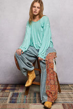 POL Round Neck Long Sleeve Exposed Seam Top with Chest Pocket