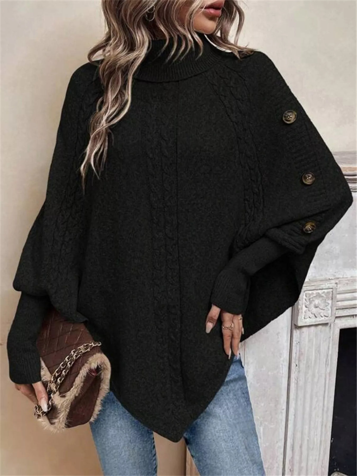 Cable Knit Turtleneck Cape Sweater