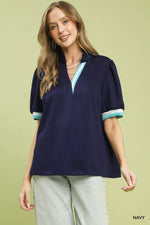 Umgee Luxe knit Contrast Trim Puff Sleeve Top