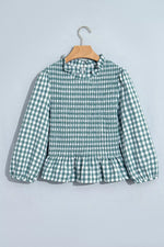 3/4 Sleeve Shirred Plaid Peplum Top