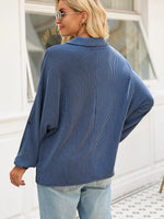 Oversized Twist Ribbed Collared Henley Top with Roll Up Sleeve