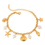 Ocean Theme Stainless Steel Chain Bracelet with Seashell and Starfish Pendants