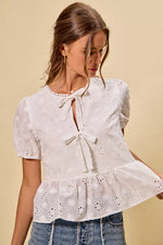 SO ME Cotton Eyelet Front Tie Short Sleeves Blouse